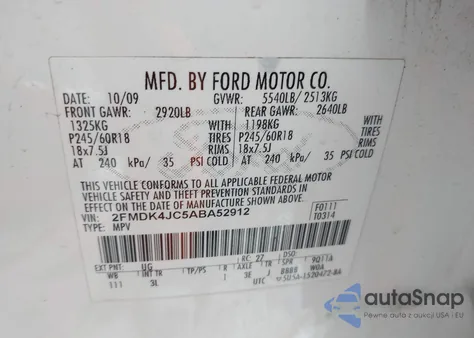 2010 Ford Edge Sel z USA, uszkodzony, nr VIN 2FMDK4JC5ABA52912